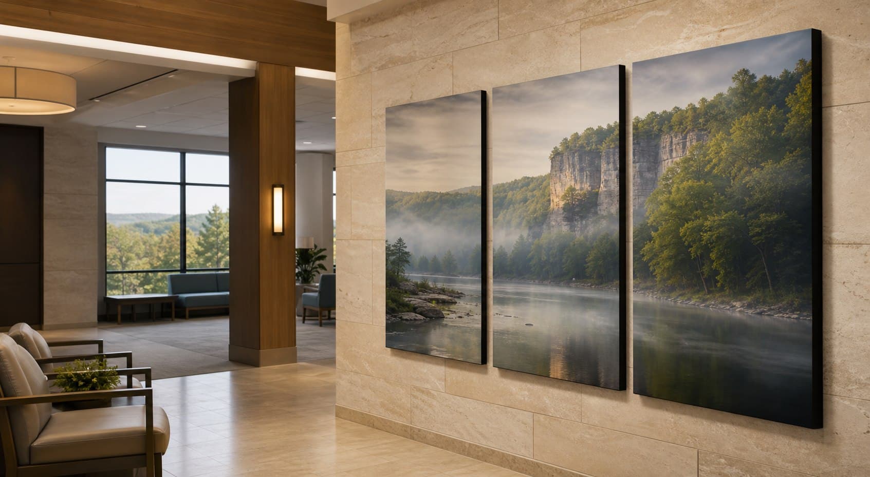 Ozarks landscape triptych in a welcoming healthcare lobby