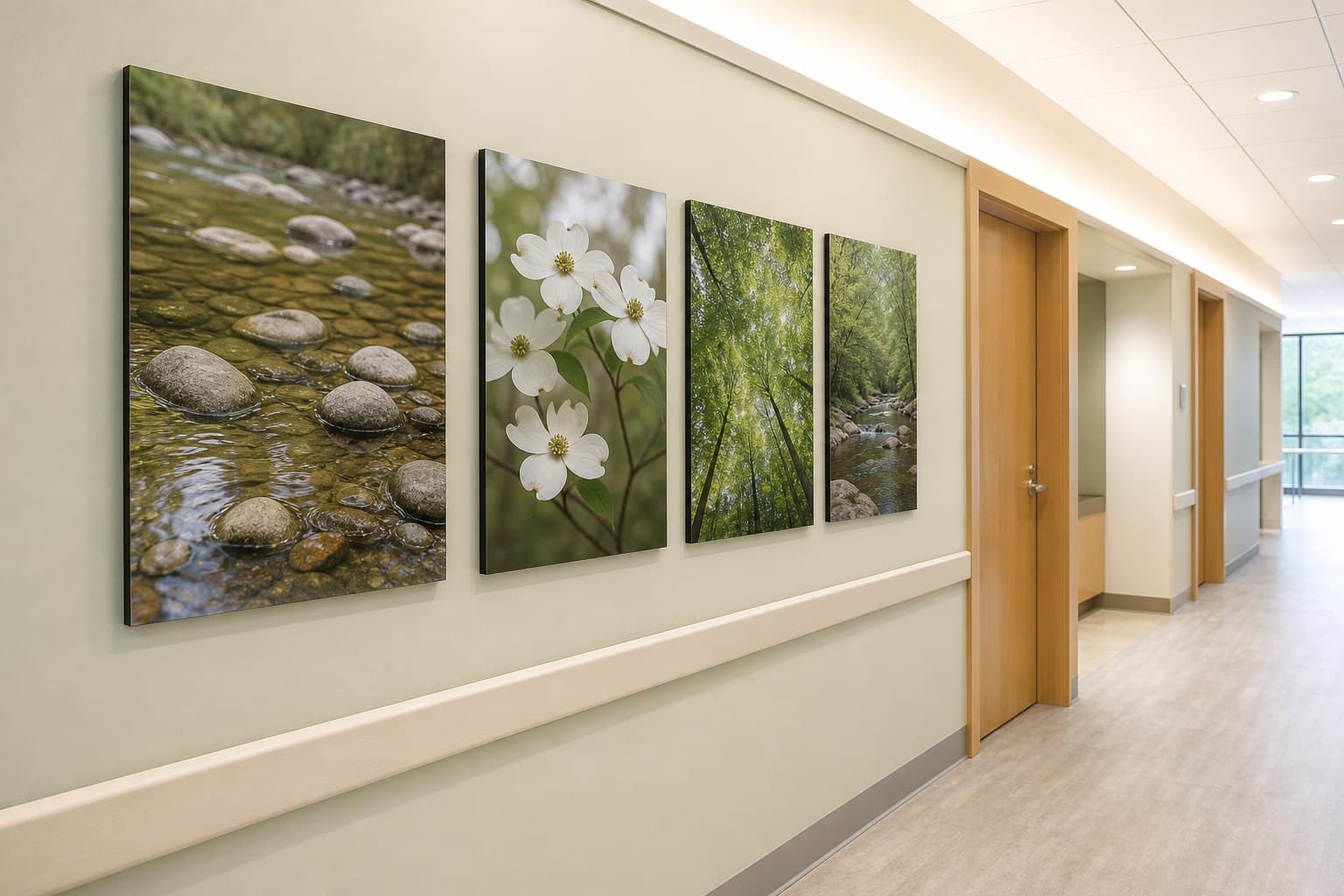 Coordinated Ozarks nature panels in an outpatient corridor