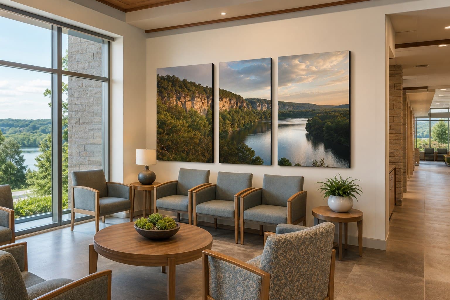 Ozarks landscape triptych in a healthcare waiting room