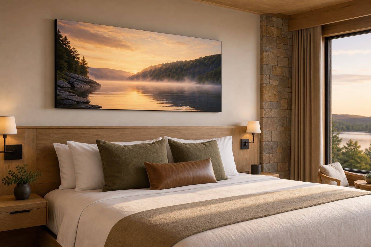 Wide Ozarks landscape panel above a boutique hotel bed