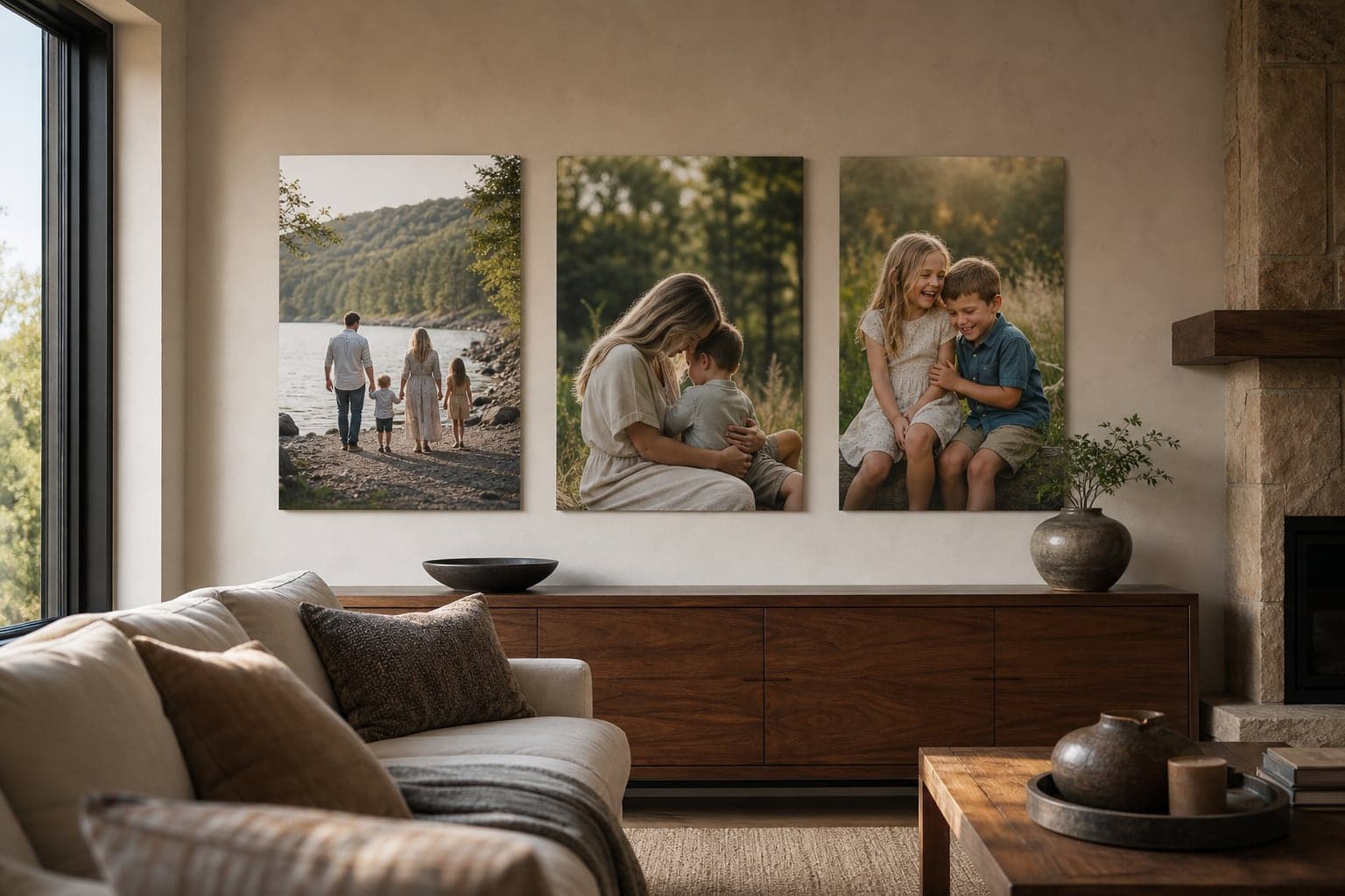 Family photographs displayed as three frameless panels in a warm living room