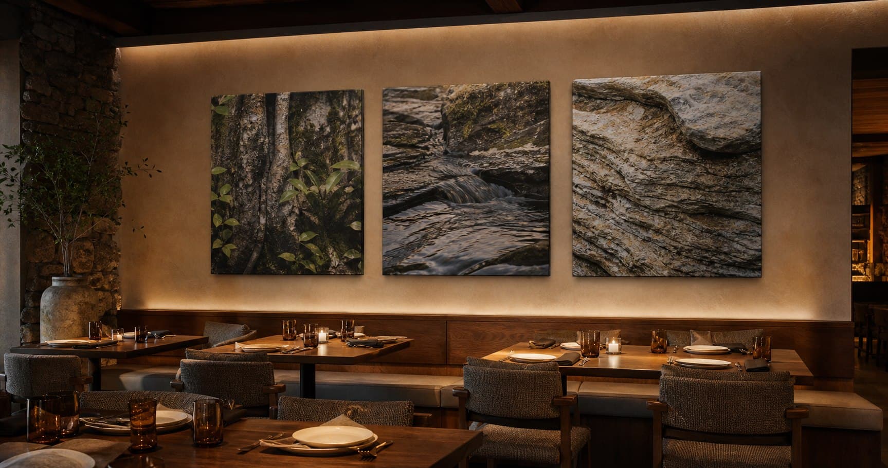 Coordinated nature panels in a warm restaurant dining room
