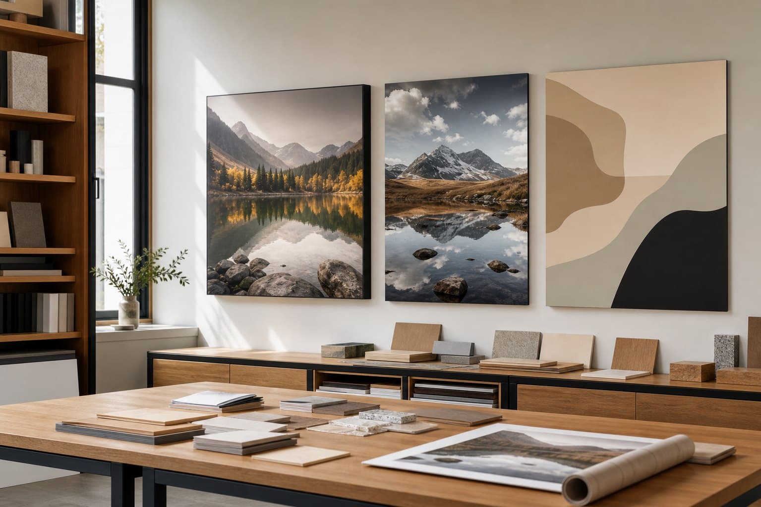 Large photographic wall panels presented in a creative studio